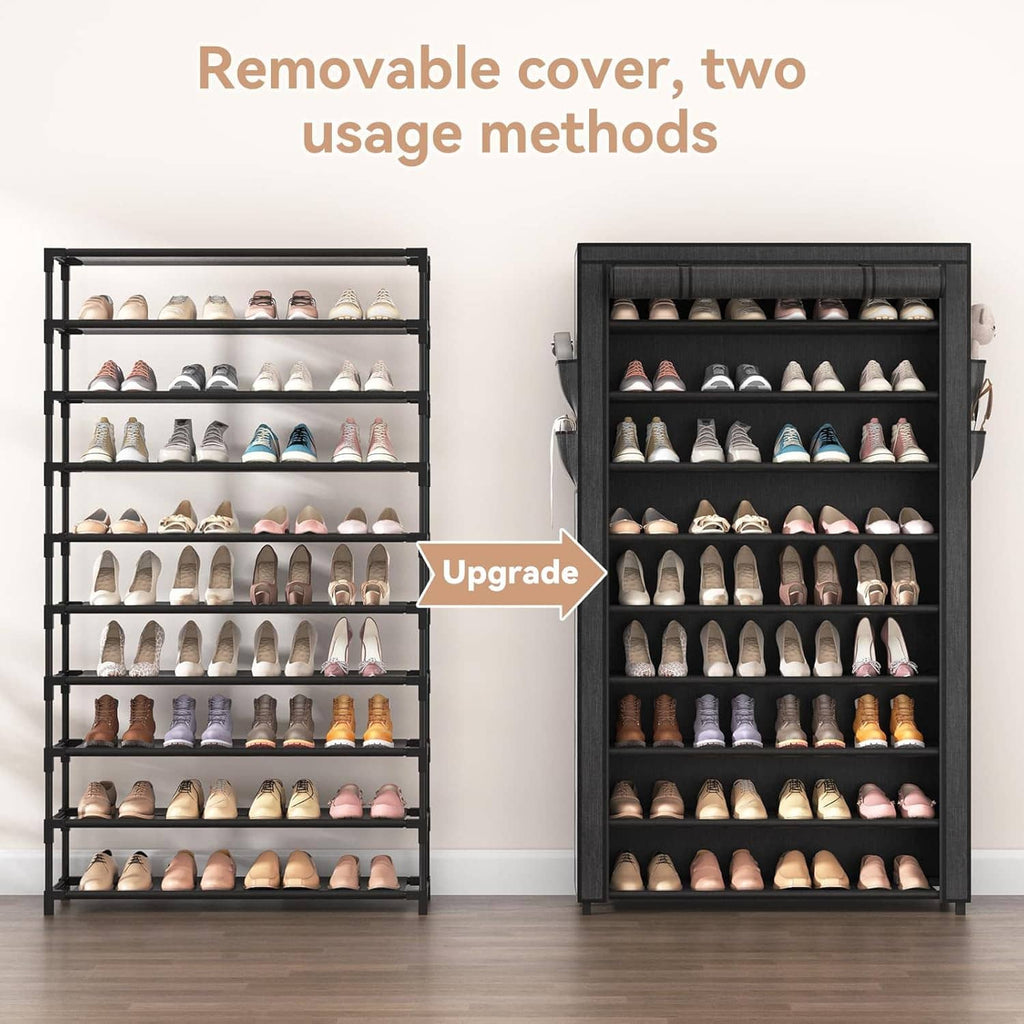 Black shoe rack with removable cover panels, two open storage sections, filled with shoes