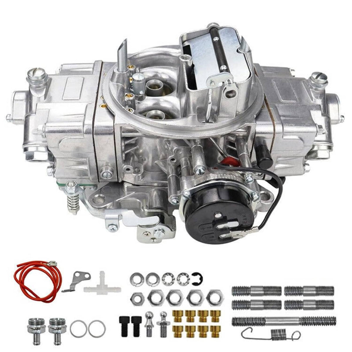 4-barrel carburetor kit with carb body, hoses, fasteners, and accessory parts