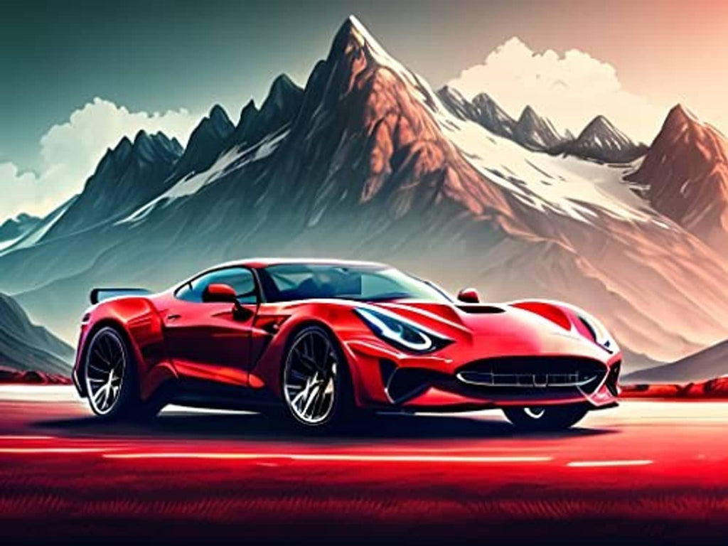 Red sports car diamond painting with snowy mountain landscape, 5D style