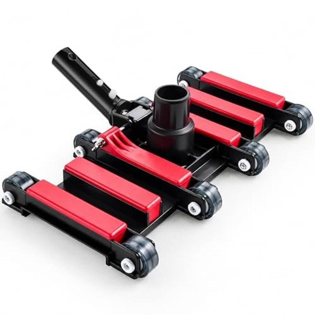 Pool vacuum head with red brush rows, black frame and roller wheels