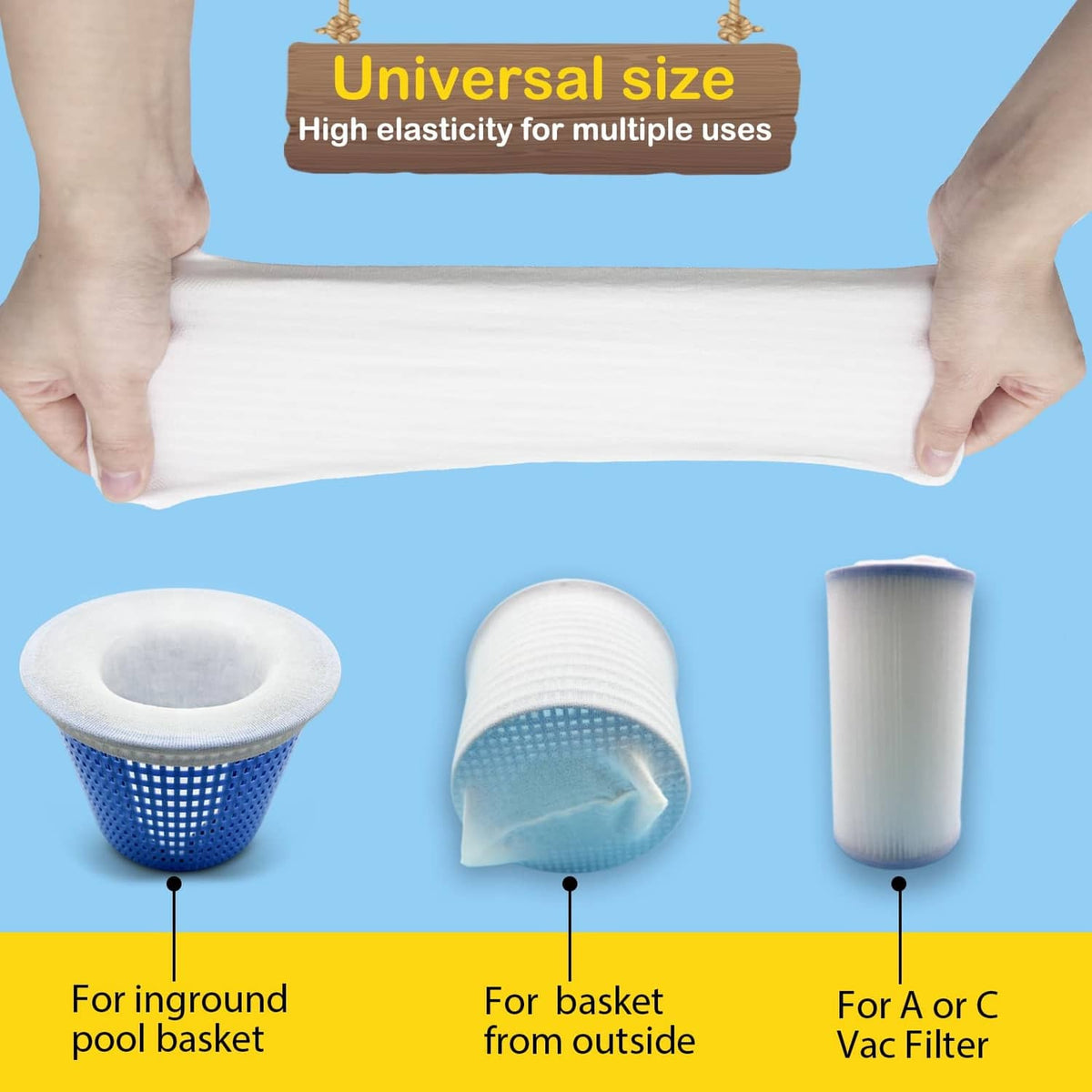 White-rimmed universal pool skimmer filter sock, blue mesh cup shown unrolled