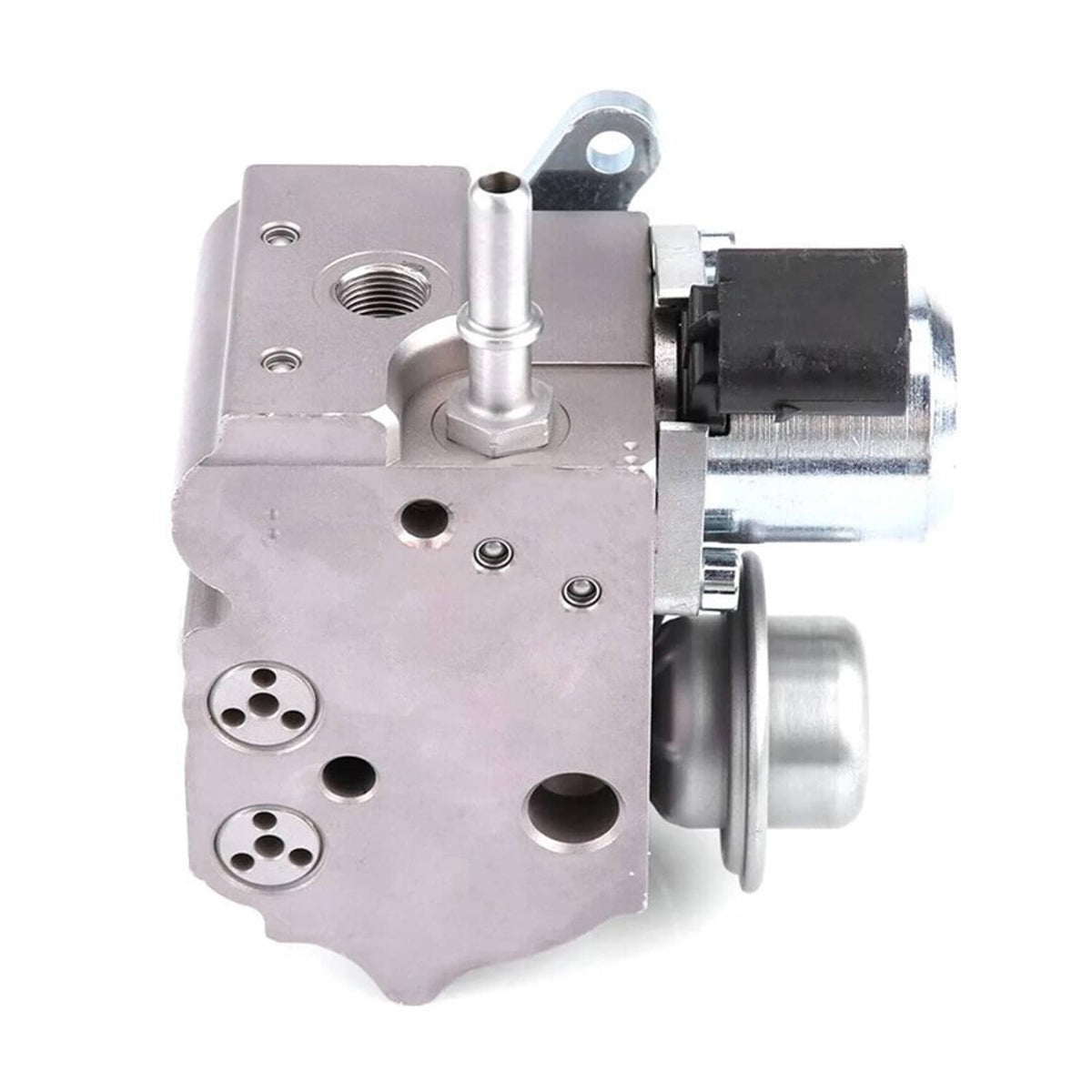 High pressure fuel pump side view with threaded ports and cylindrical metal part