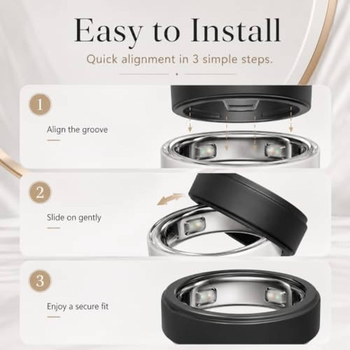 Ring cover installation steps: black cover positioned over a silver inner ring