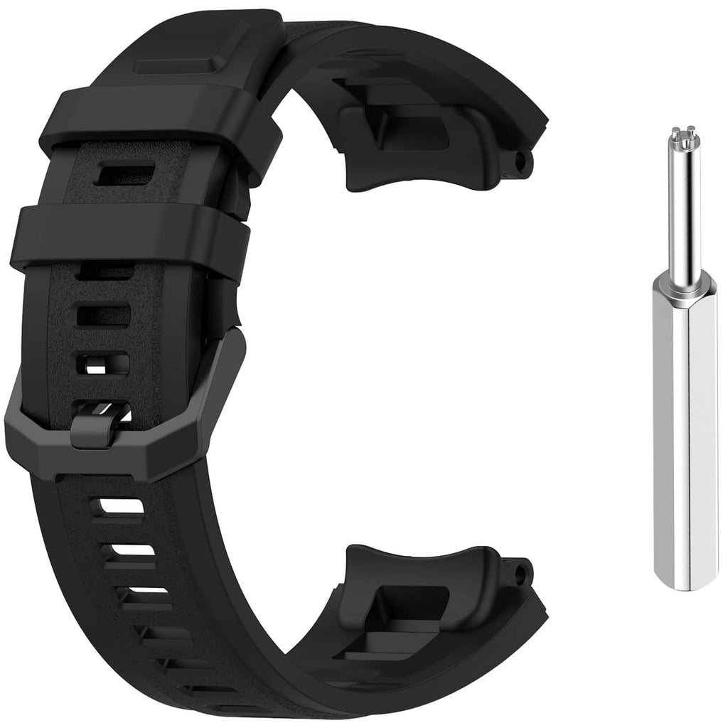 Black watch band clasp and strap with series of adjustment holes, close-up