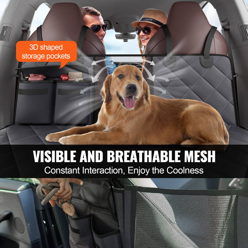 Quilted dog car seat cover with breathable mesh panel and 3D storage pockets on the seatbacks