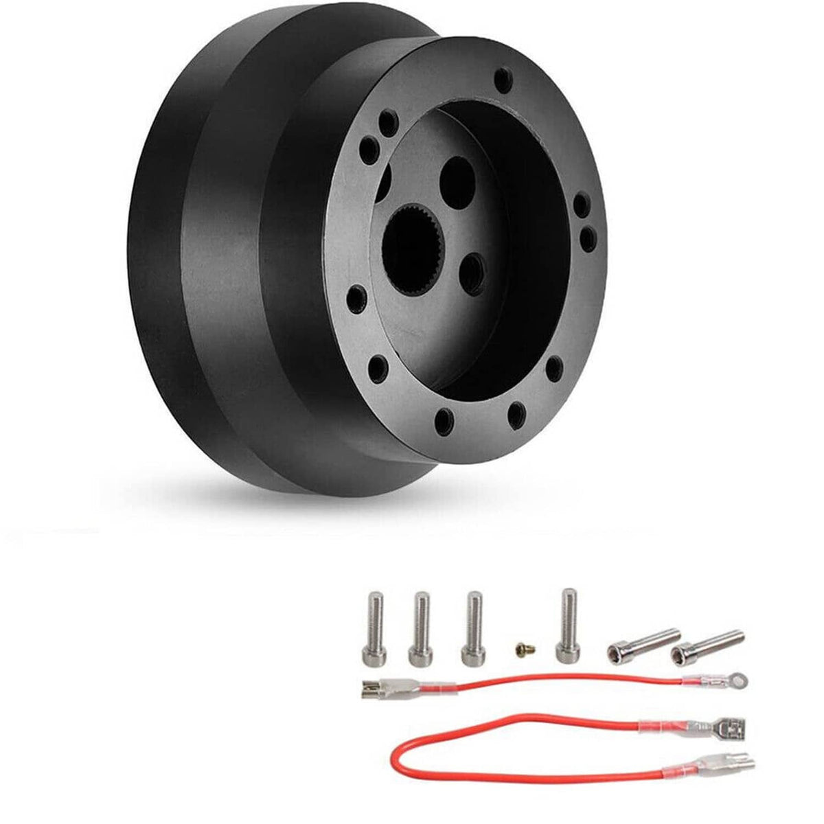 Black steering wheel hub adapter with 5/6 bolt holes, hub plate and center opening