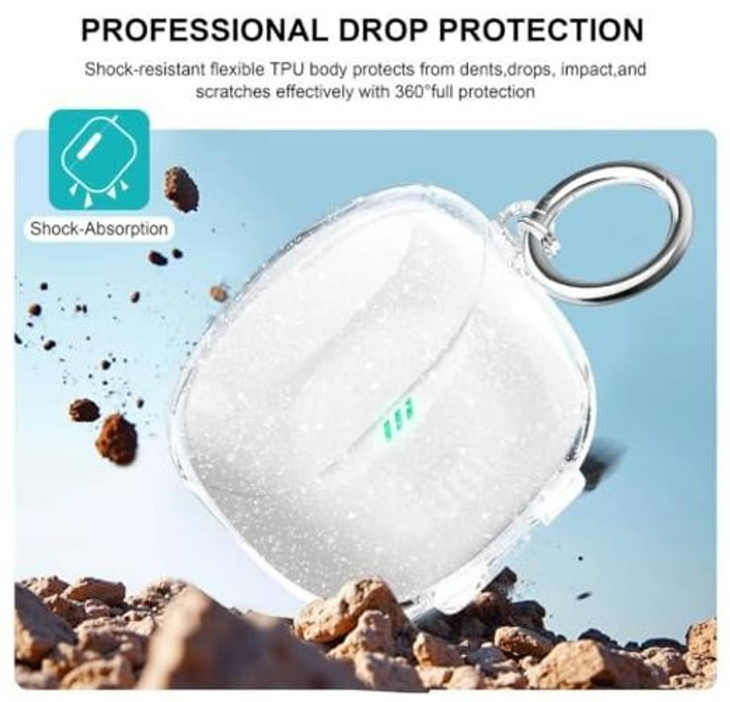 Clear glitter earbuds case with keyring carabiner, TPU drop-protection style design
