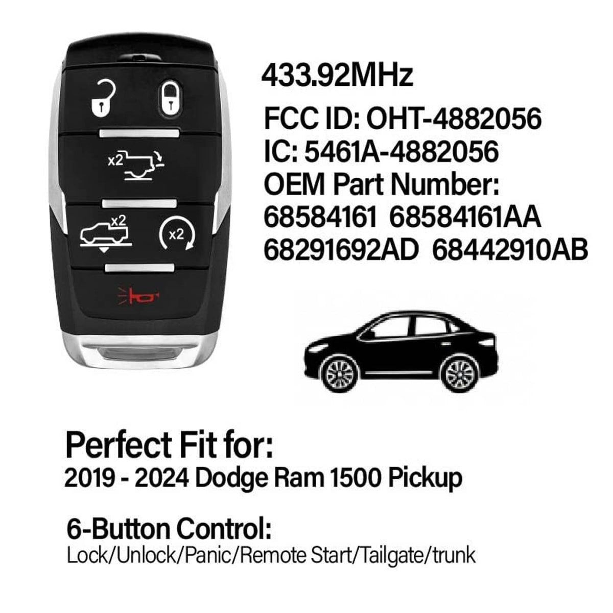 Black key fob with silver trim and 6-button control icons, shown front view