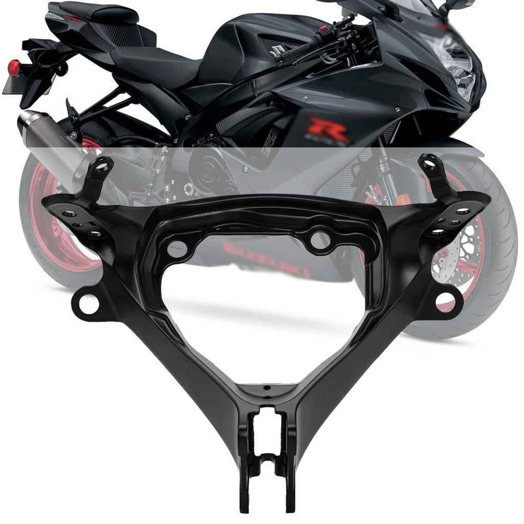 Black upper fairing bracket with mounting holes fitted to sport motorcycle front