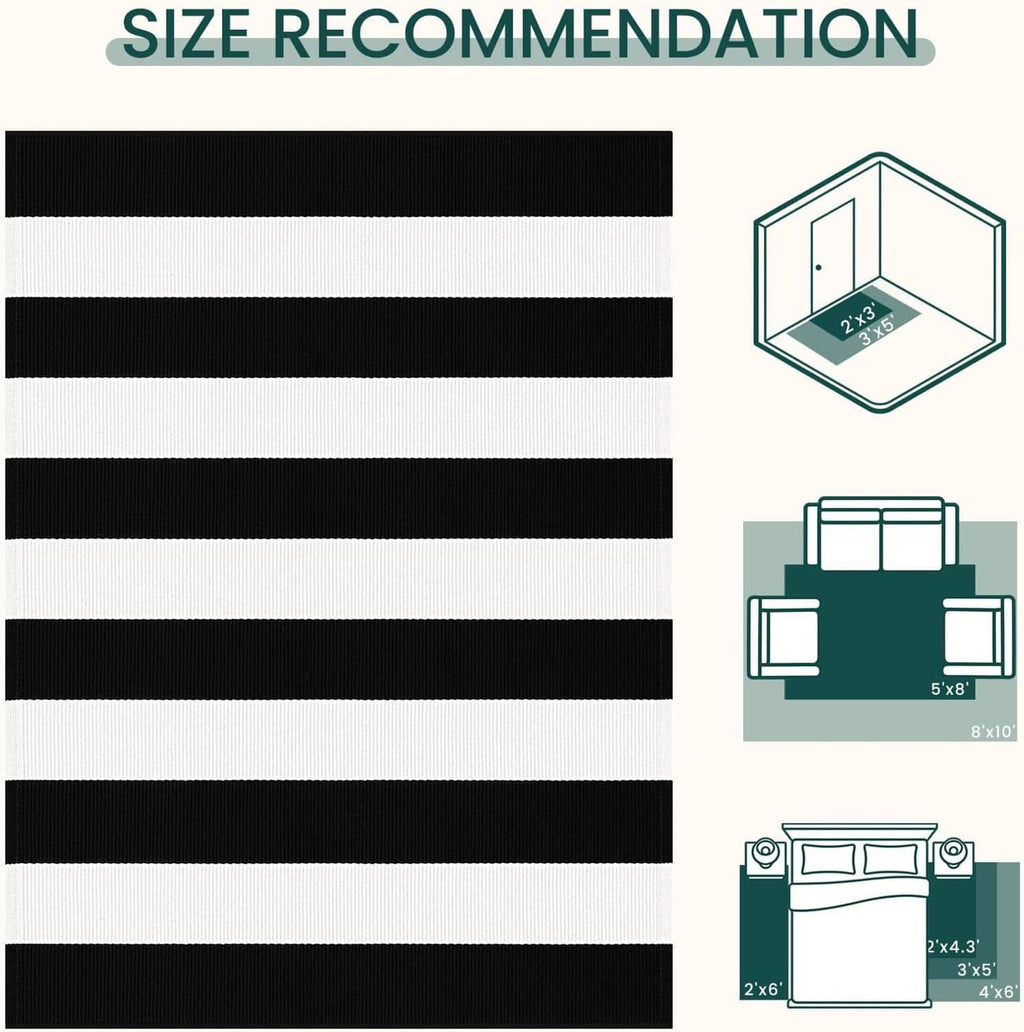Black-and-white striped area rug pattern layout, horizontal stripe design close-up.