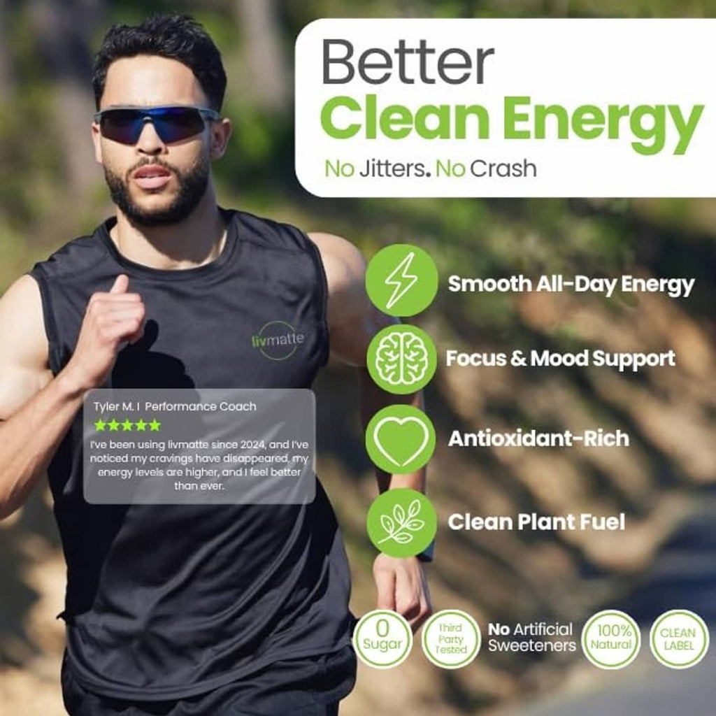 Outdoor promo showing Liv matte Yerba mate instant tea powder tub with energy benefits