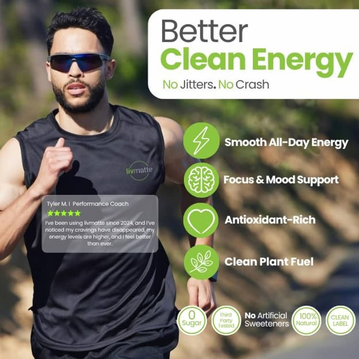 Outdoor promo showing Liv matte Yerba mate instant tea powder tub with energy benefits