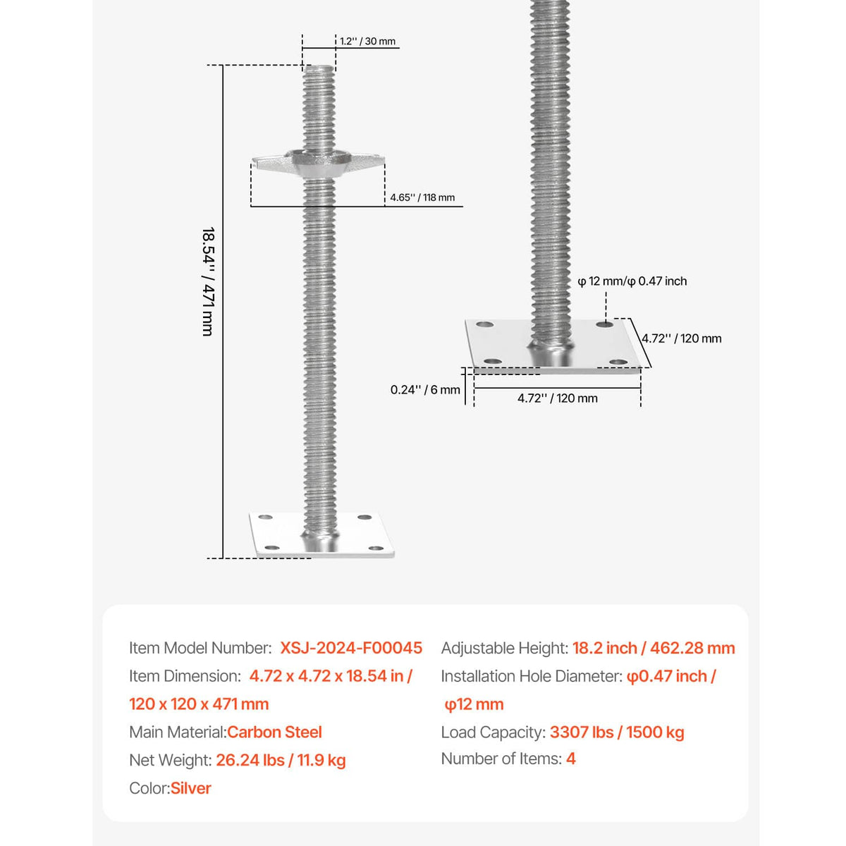 Adjustable leveling jack dimensions diagram with threaded rod and square base plate