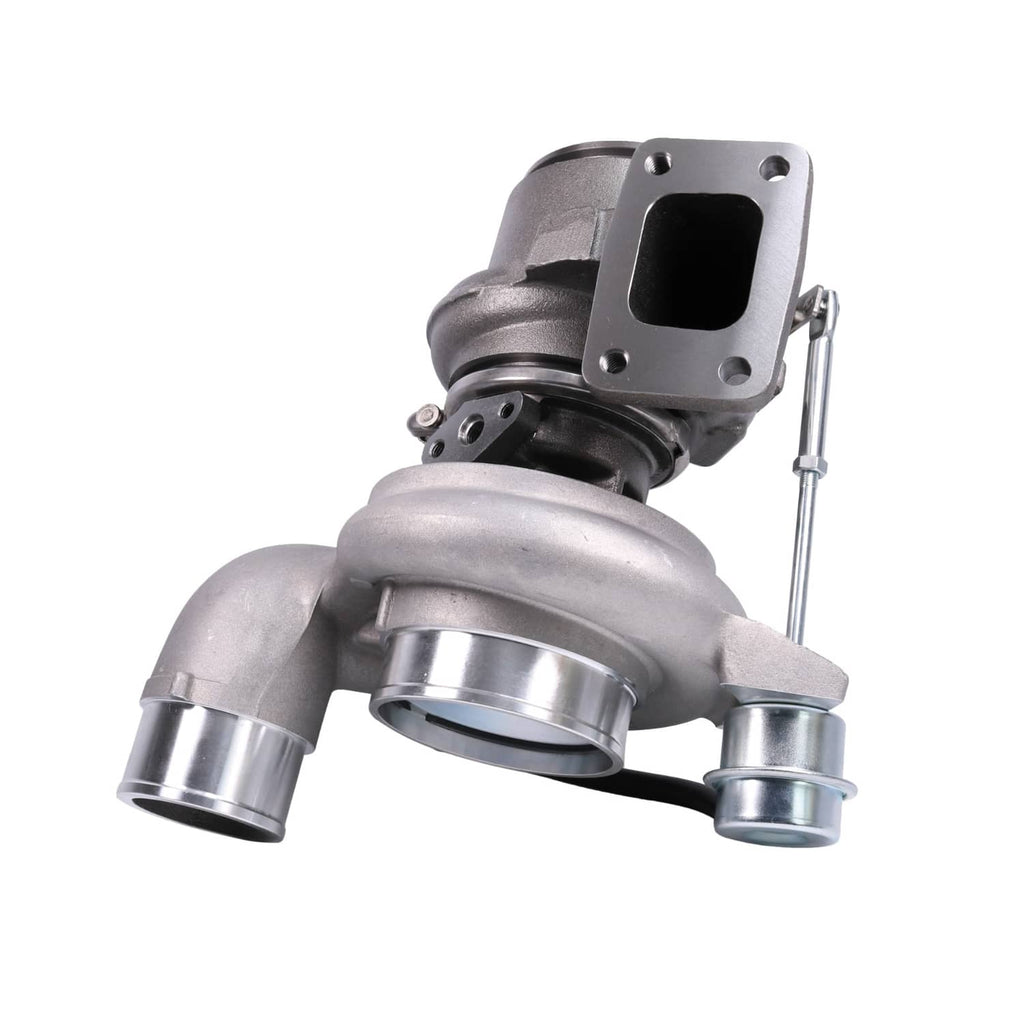 Turbocharger with top inlet flange and dual outlet pipes, silver-gray metal body