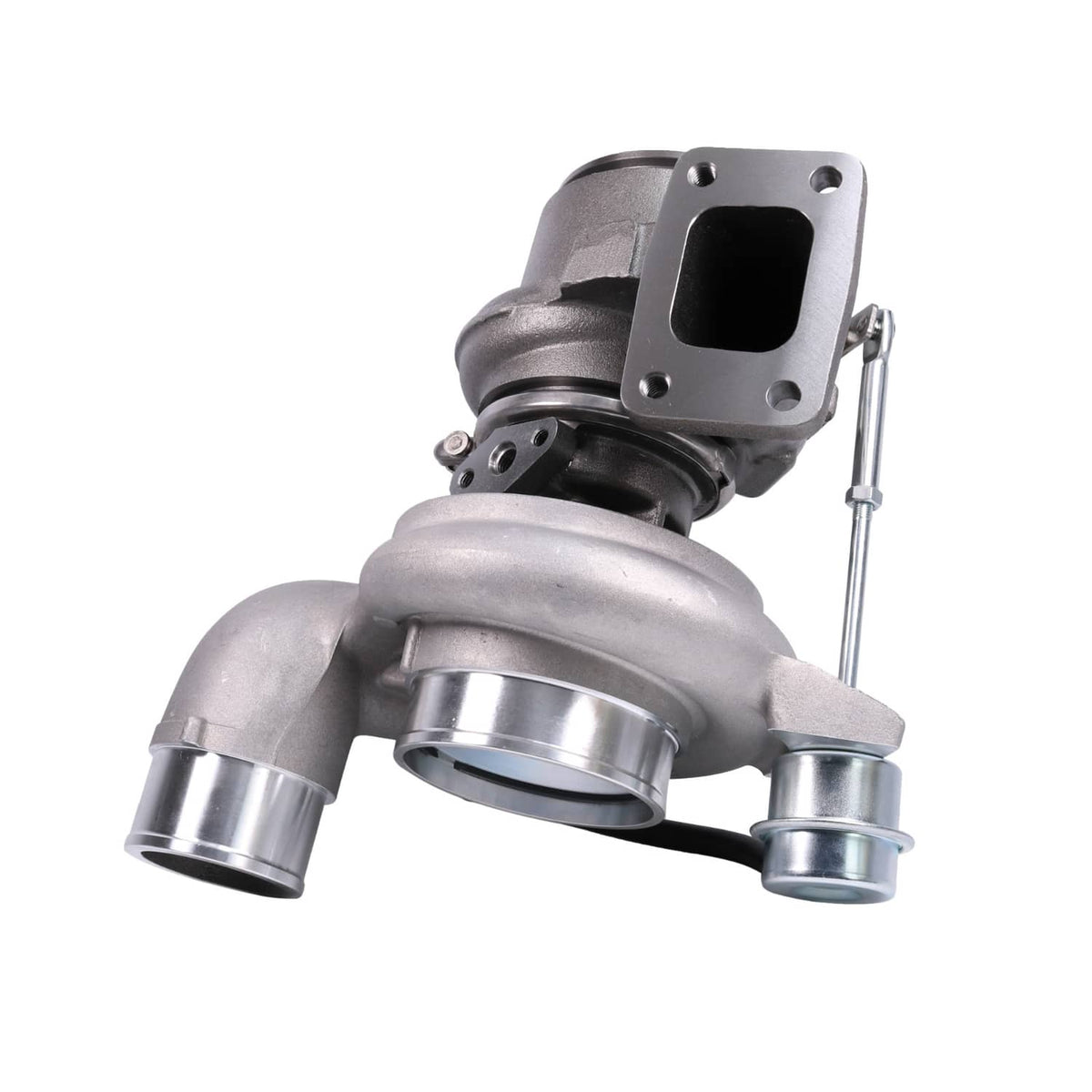 Turbocharger with top inlet flange and dual outlet pipes, silver-gray metal body