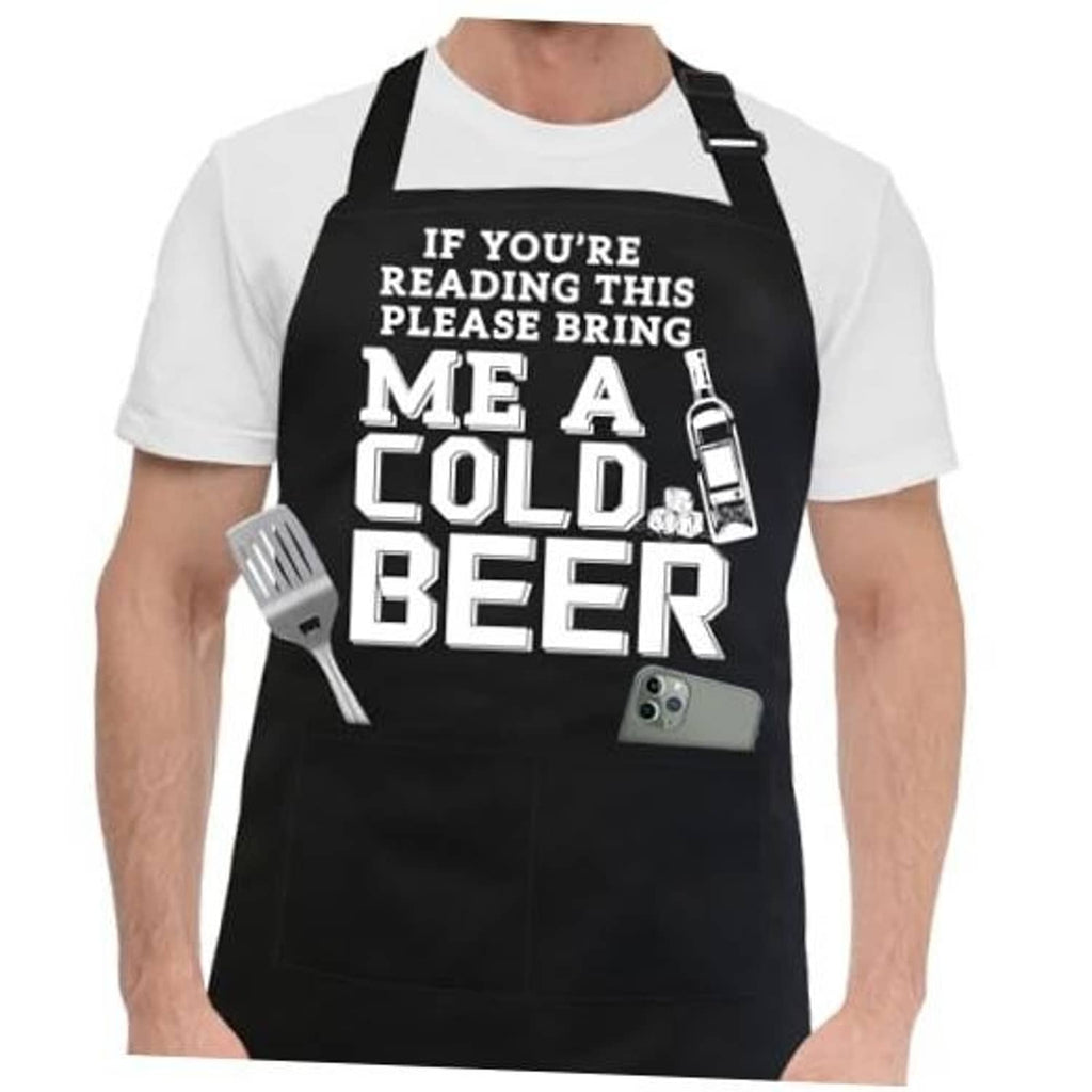 Black novelty BBQ chef apron with beer slogan print; adjustable neck strap
