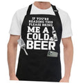 Black novelty BBQ chef apron with beer slogan print; adjustable neck strap