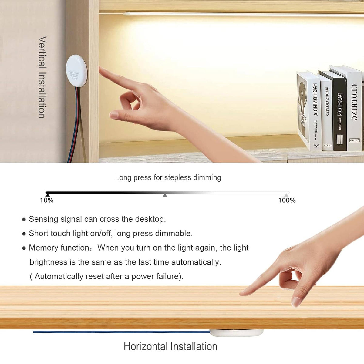 Round white touch dimmer switch mounted on wood panel with finger touch control