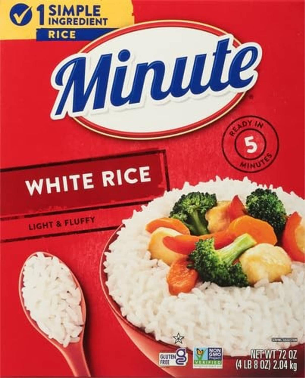 Instant white rice box with serving time badge and meal-ready rice contents