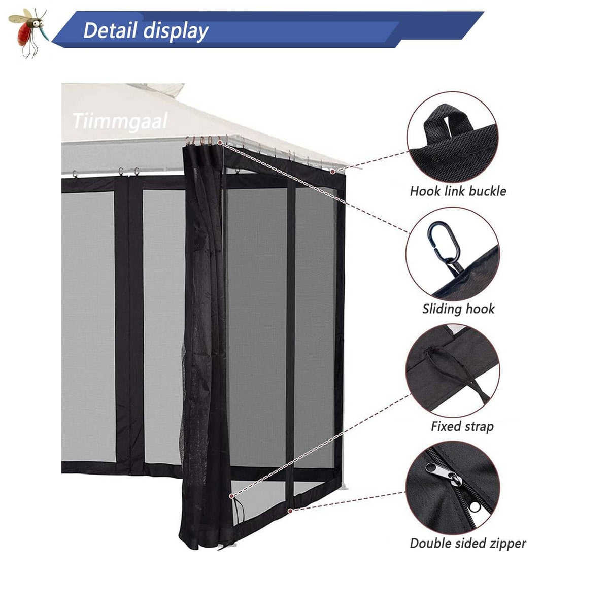 Black zipper mosquito net door with hook-and-loop buckles and sliding hooks
