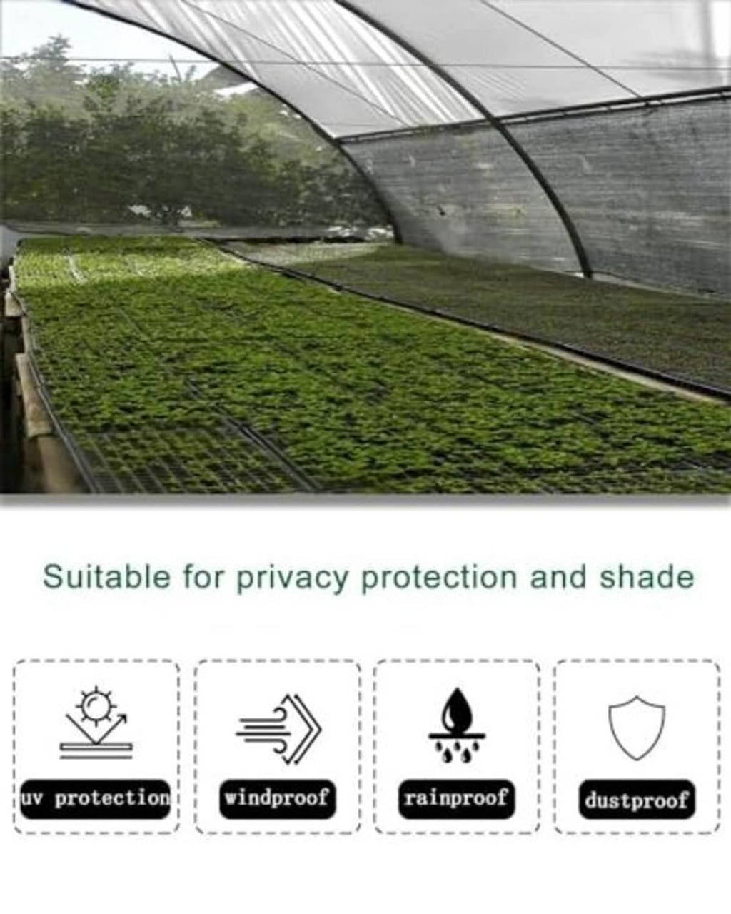 Black shade cloth draped over greenhouse rows, providing outdoor shade and privacy