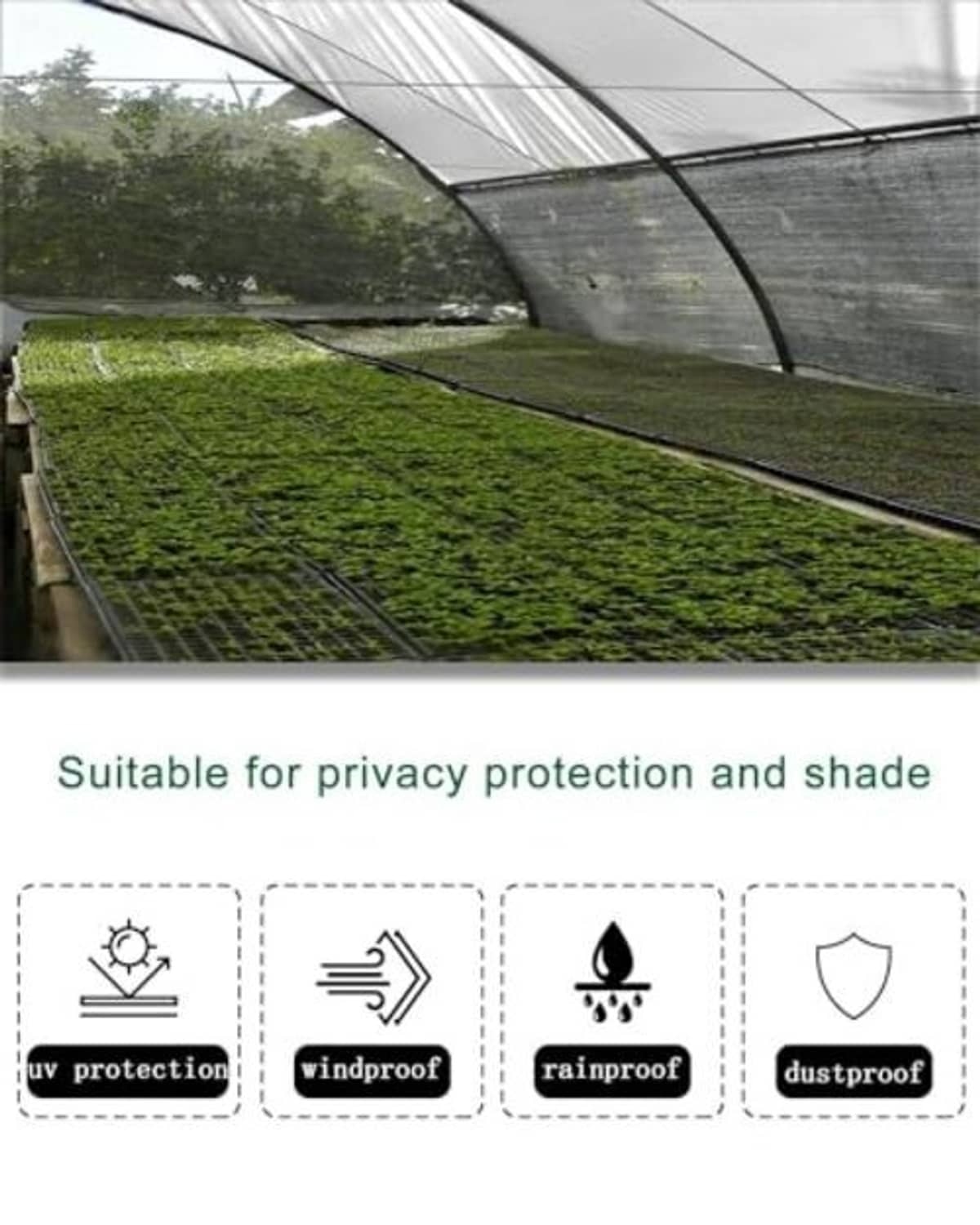 Black shade cloth draped over greenhouse rows, providing outdoor shade and privacy