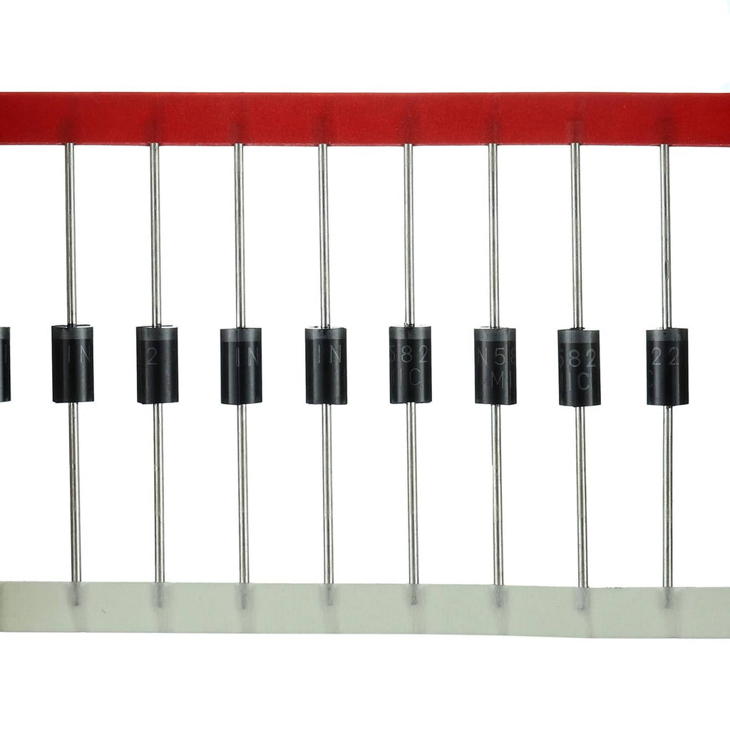 Assorted black diode components on metal leads mounted on a red rail