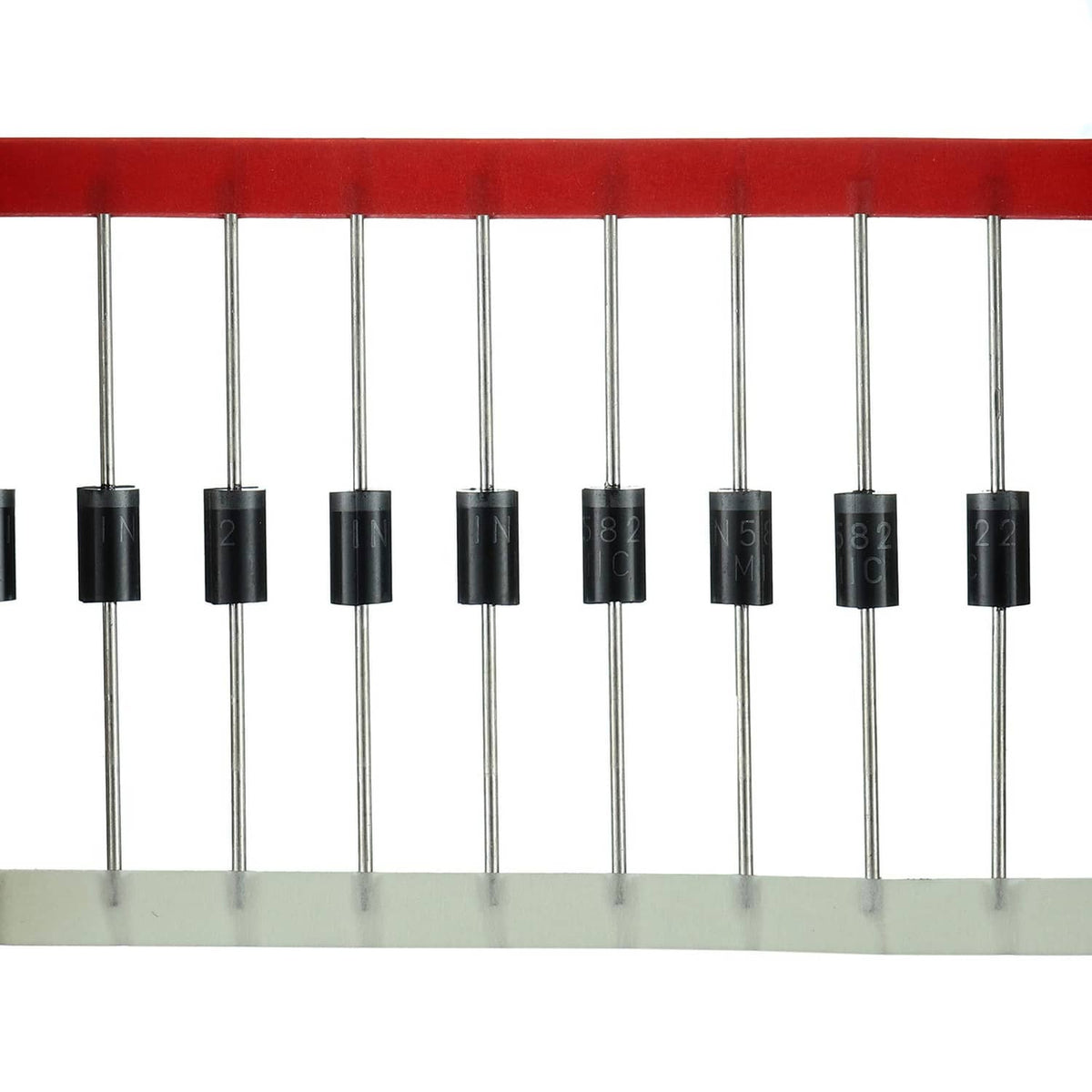 Assorted black diode components on metal leads mounted on a red rail