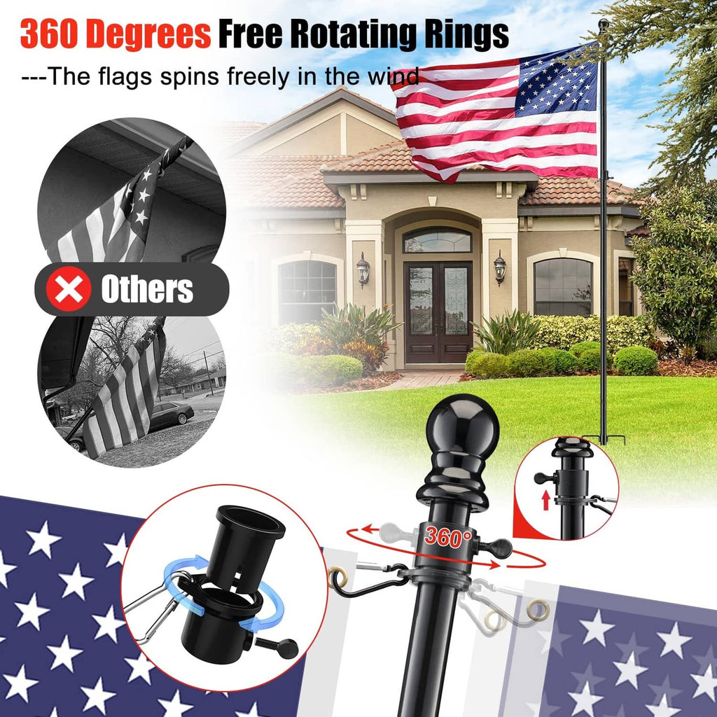 Black flagpole with rotating rings and American flag on an outdoor yard