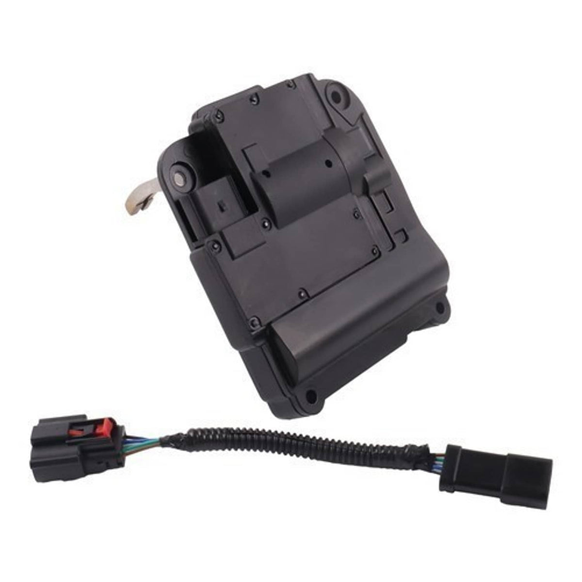 Transfer case actuator with dark housing, mounting tabs, and attached wiring harness