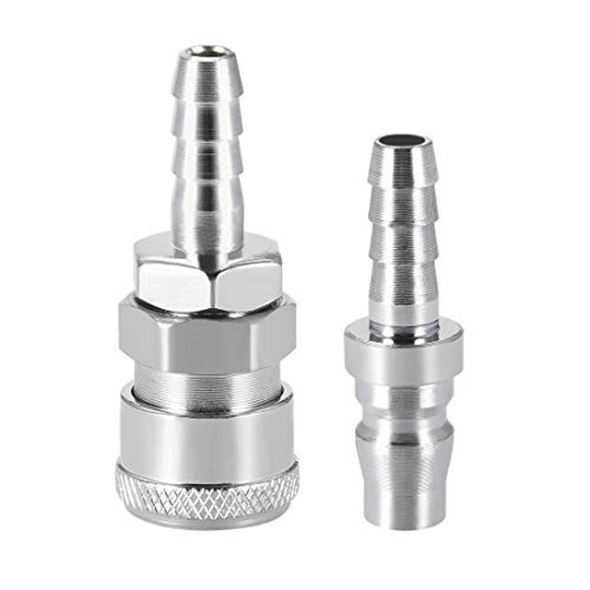 Stainless 8mm quick disconnect hose fitting pair with barbed ends and hex coupling