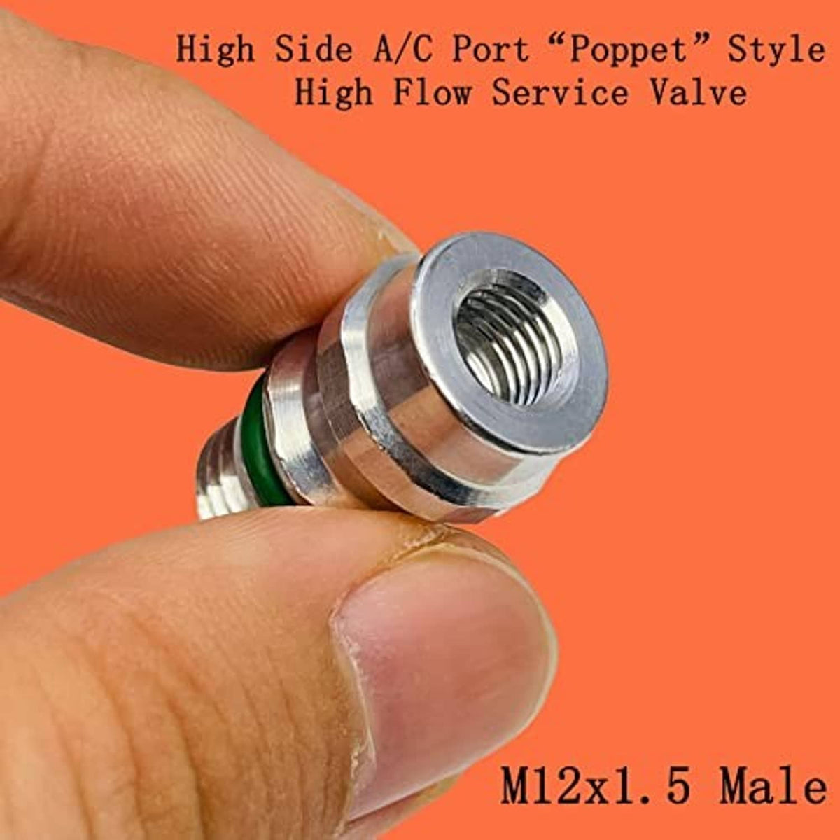 Air conditioning high side service valve with metal threaded poppet and green O-ring seal