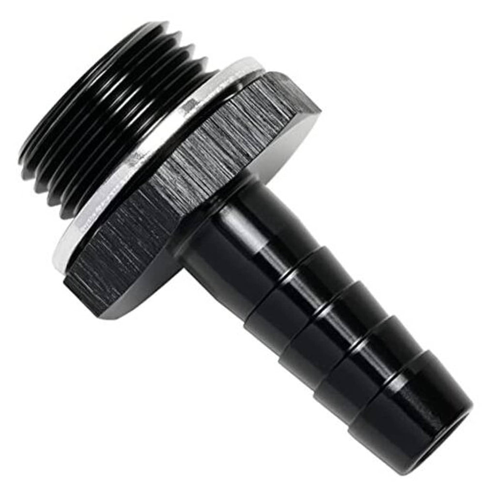 Black male metric to 3/8 hose barb fuel fitting, barbed end and threaded coupling