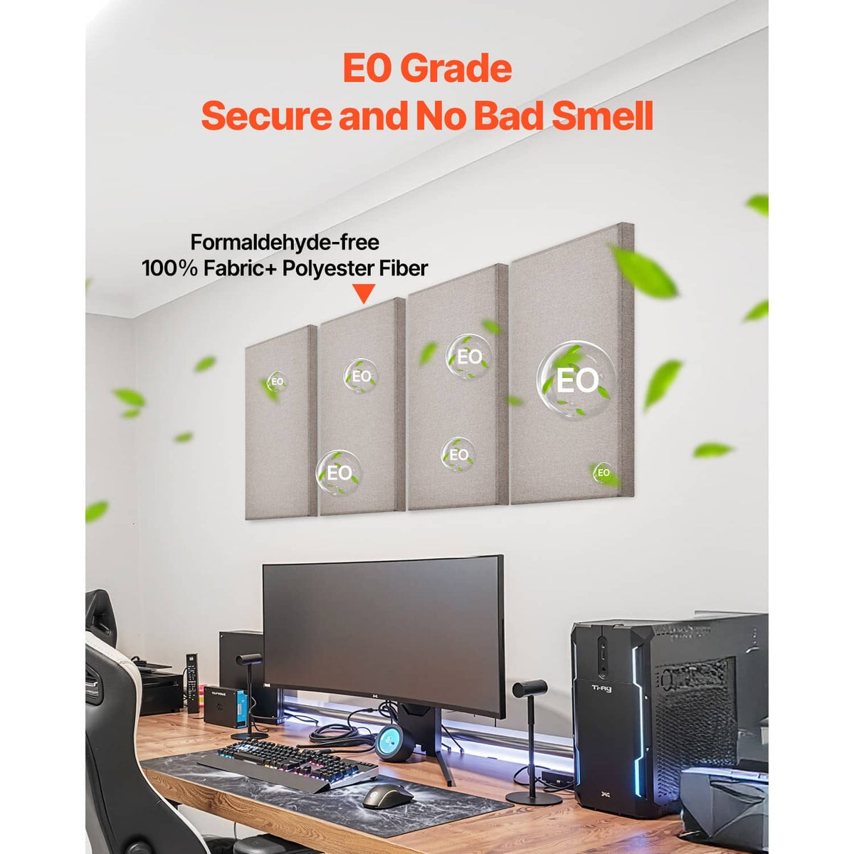 Set of camel acoustic wall panels mounted behind a home office desk