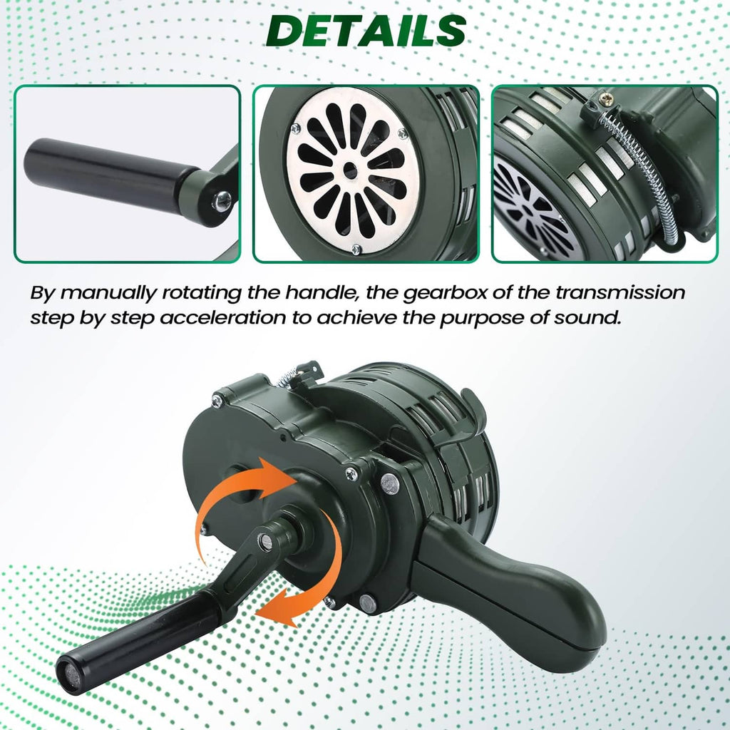 Green handheld air raid siren detail view of speaker face and crank mechanism