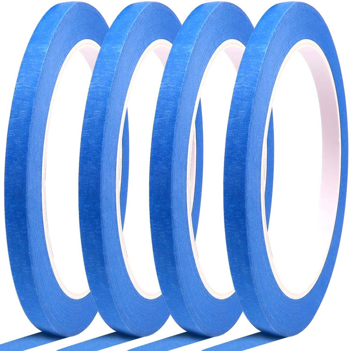 Blue painter's tape rolls, 1/4-inch wide, tightly wound on white cores.