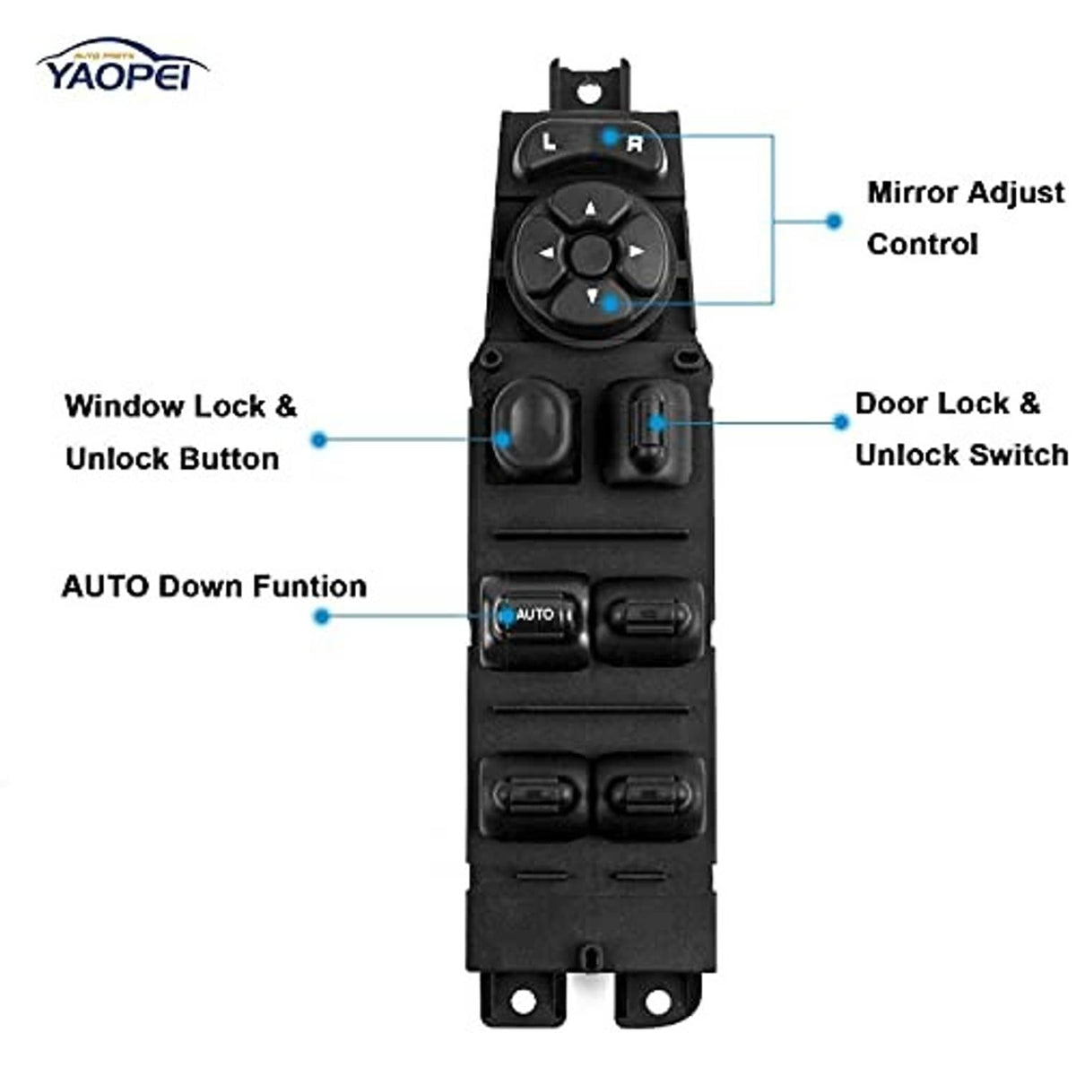 Power window switch with mirror adjust dial, door lock buttons, and AUTO down control