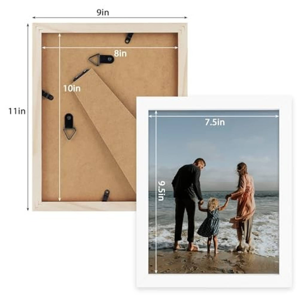 White 8x10 picture frame with backboard and inside photo opening measurements
