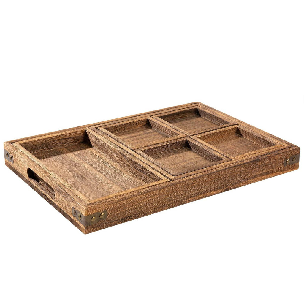 Rustic wooden rectangular serving tray with partitioned compartments and side handles