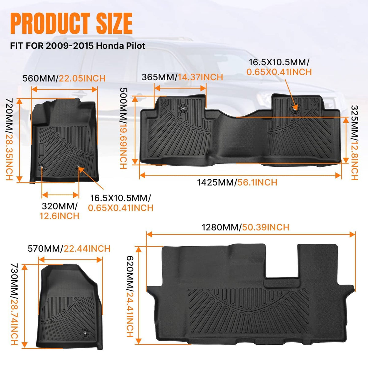 Black TPE floor mat set layout with contoured sections and raised ribbed traction pattern