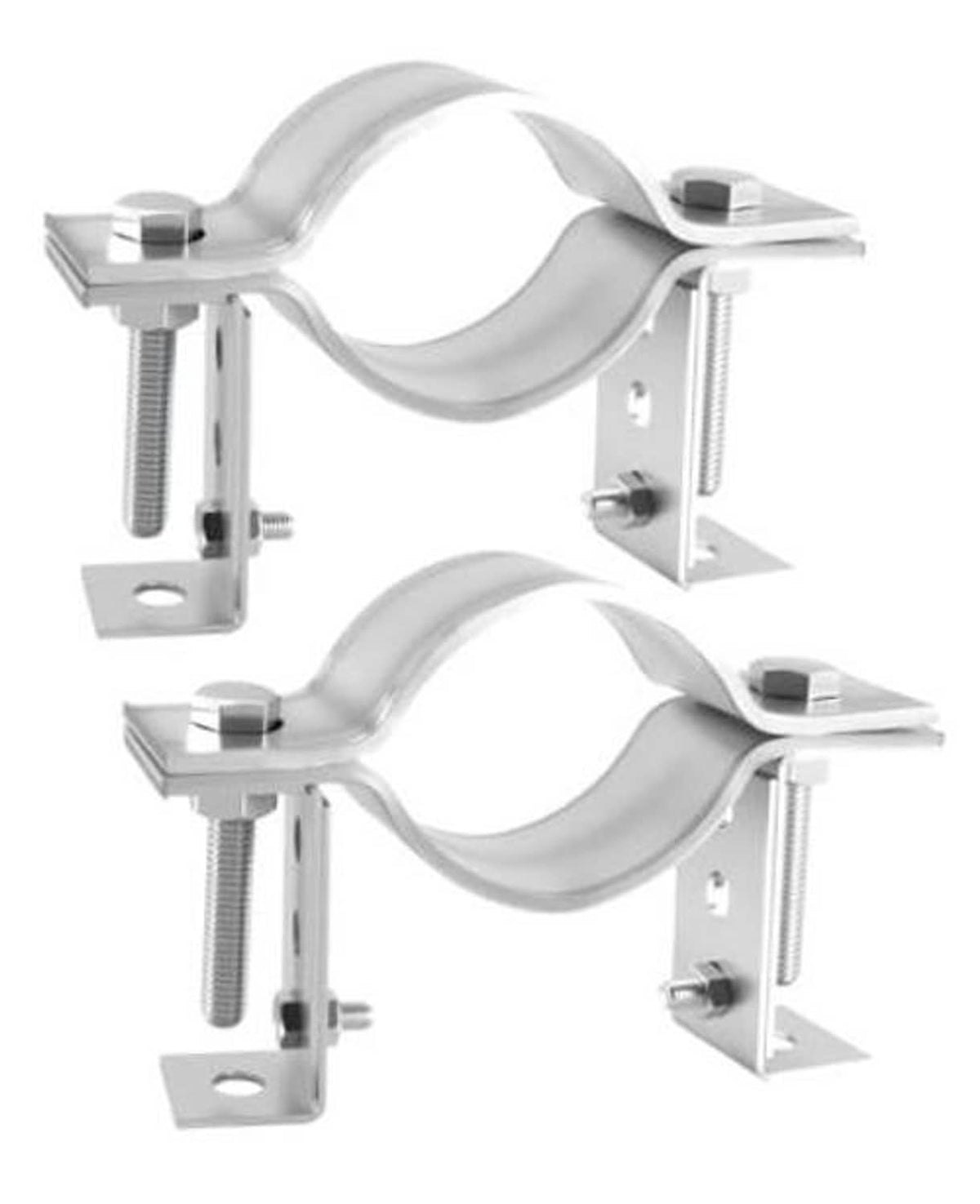 Adjustable split-ring pipe bracket hanger with threaded rods and wall mounts, gray metal
