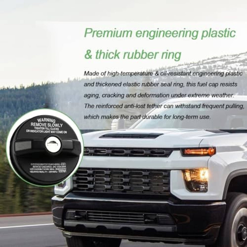 Lock fuel cap on pickup front grille area, showing cap close-up inset