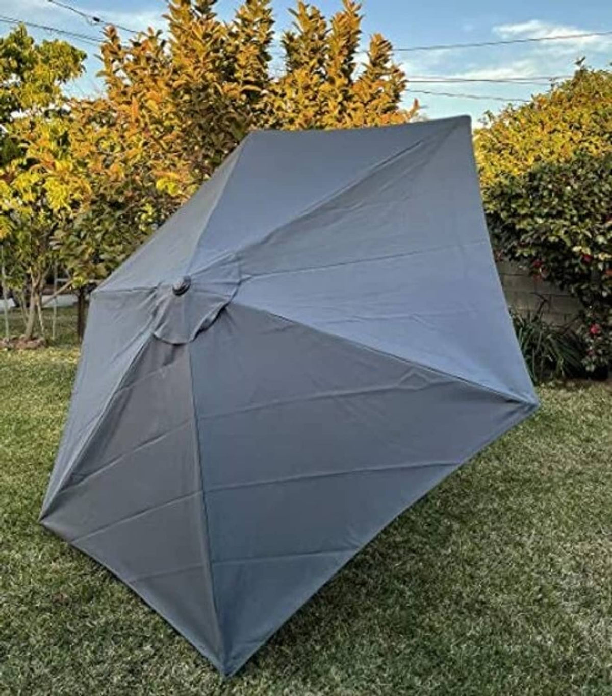Gray umbrella canopy replacement with side flap and center knob, open hexagon