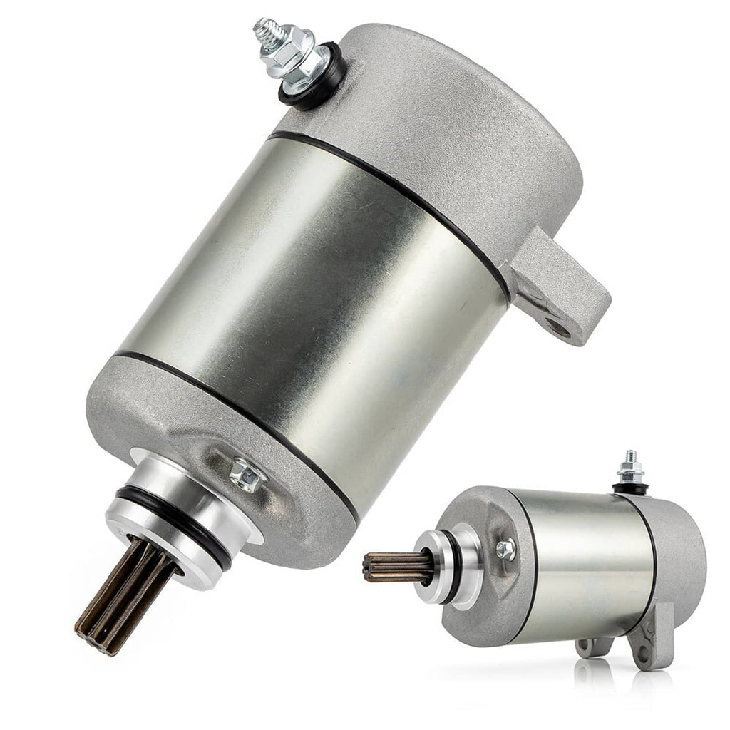Silver starter motor angled view with pinion gear and bracket