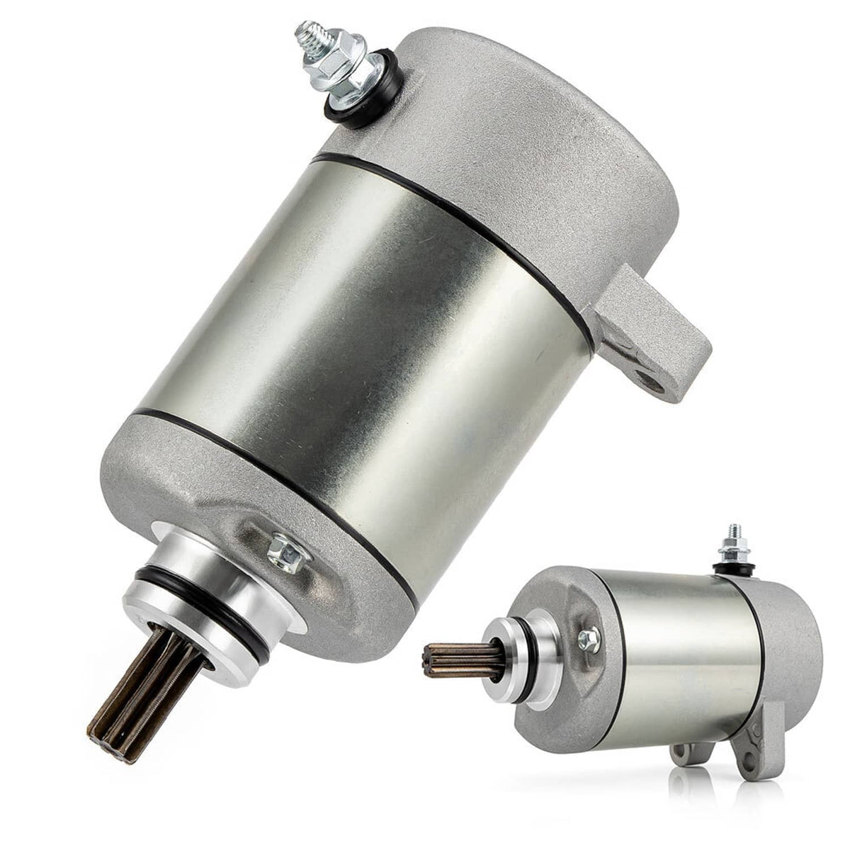 Silver starter motor angled view with pinion gear and bracket