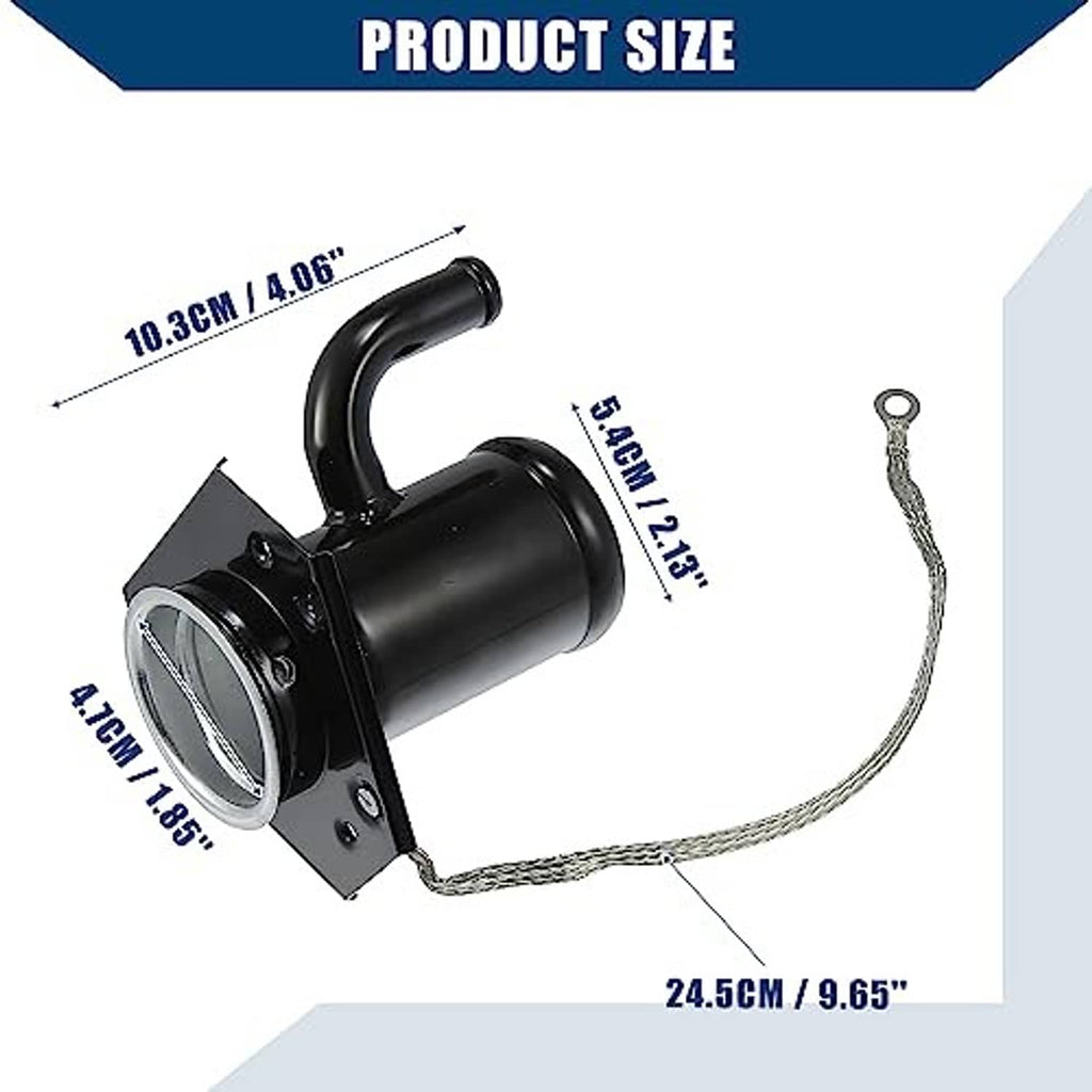 Fuel tank filler neck assembly with dimensions, braided wire, and round opening