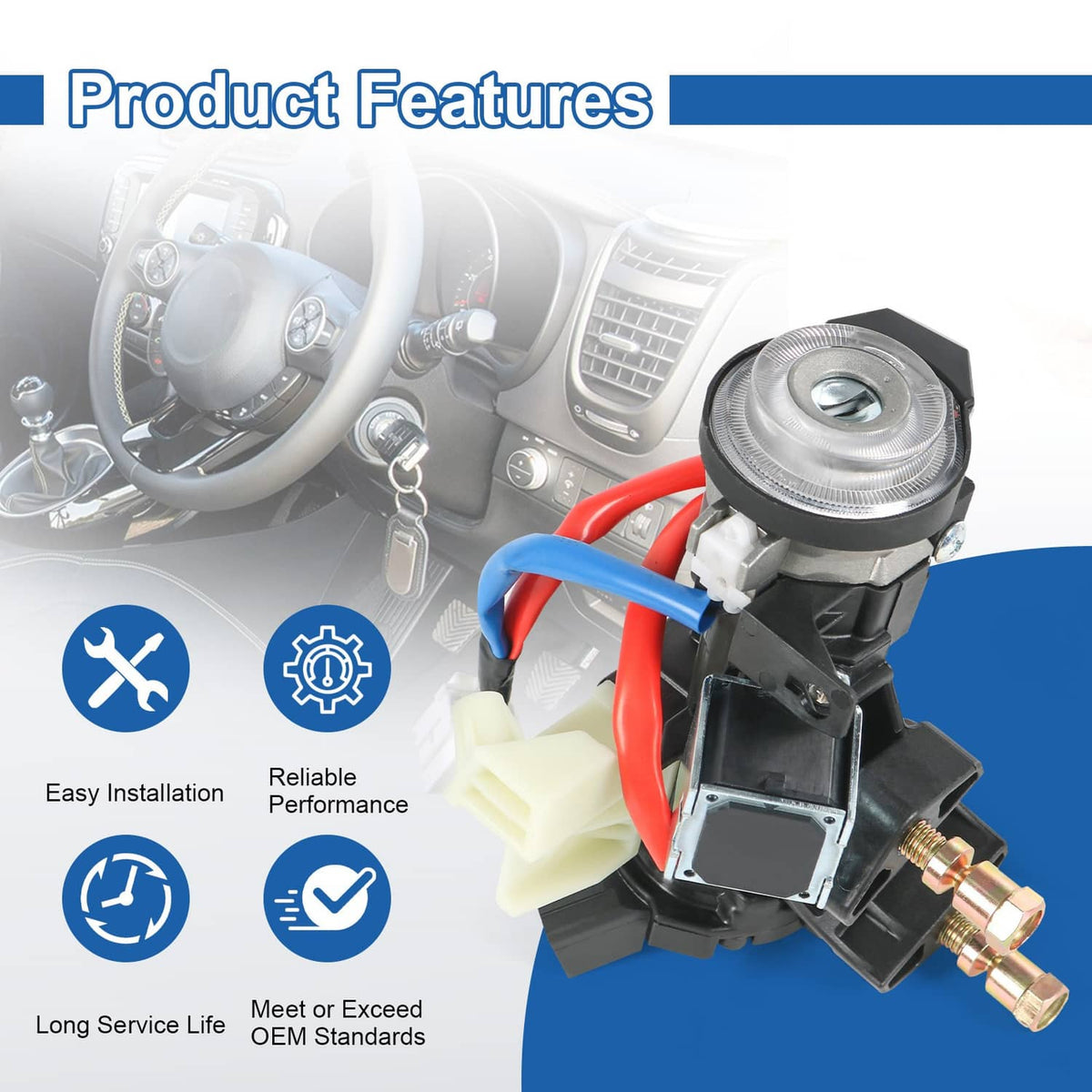 Ignition lock housing assembly switch with wiring and mounting bolts, ready for installation