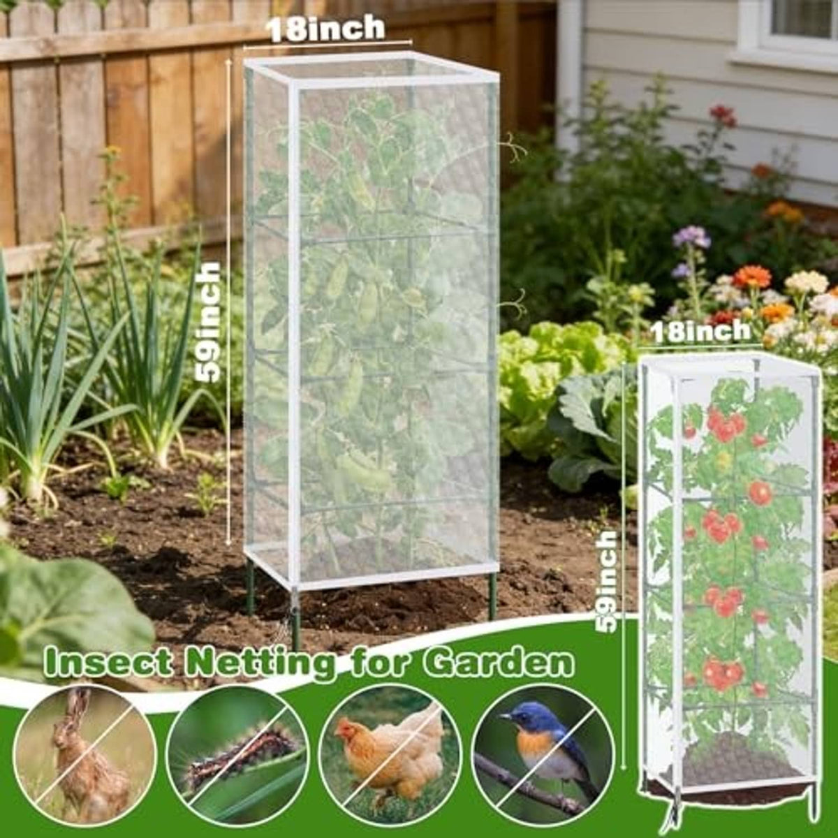 White mesh garden netting tent on frame, about 59x18x18 inches