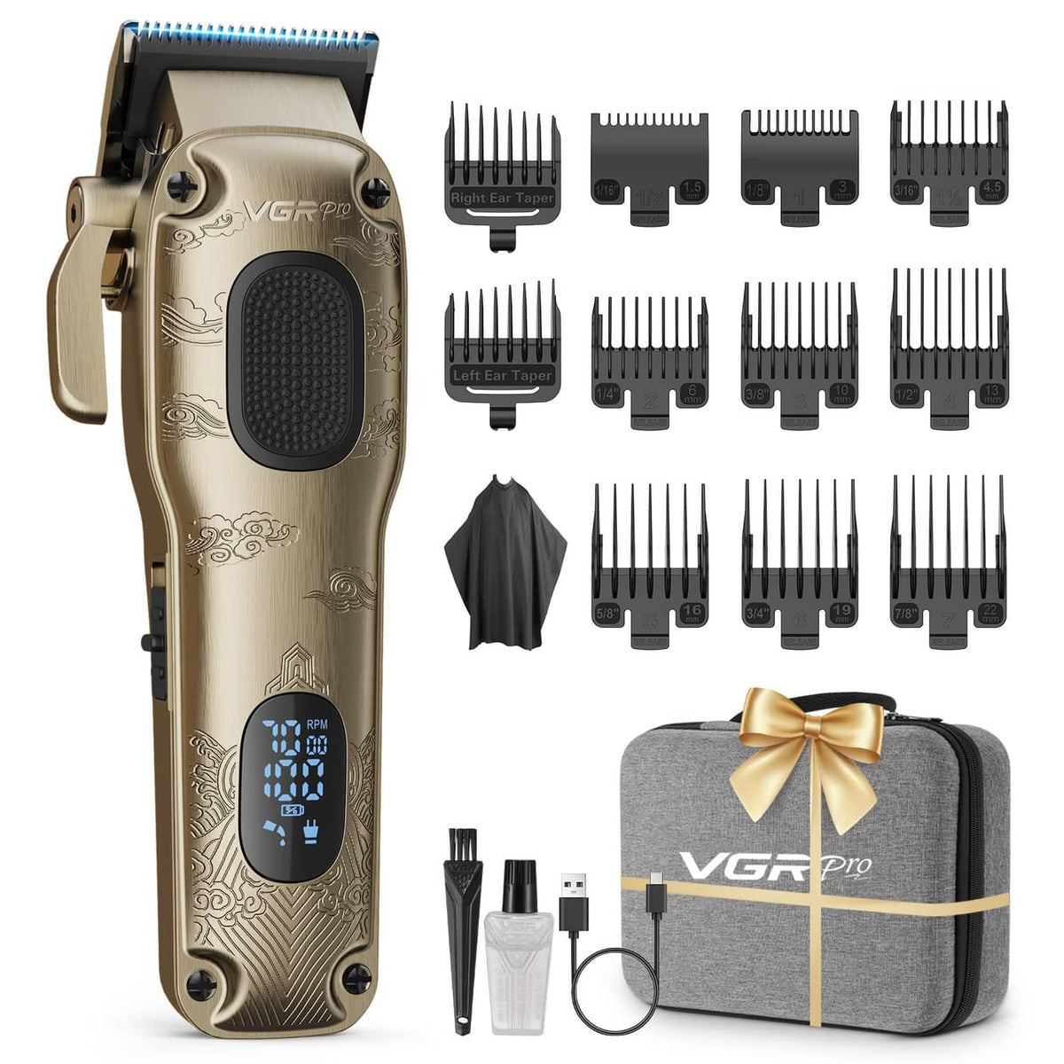 Gold hair clipper set with guard combs and storage case