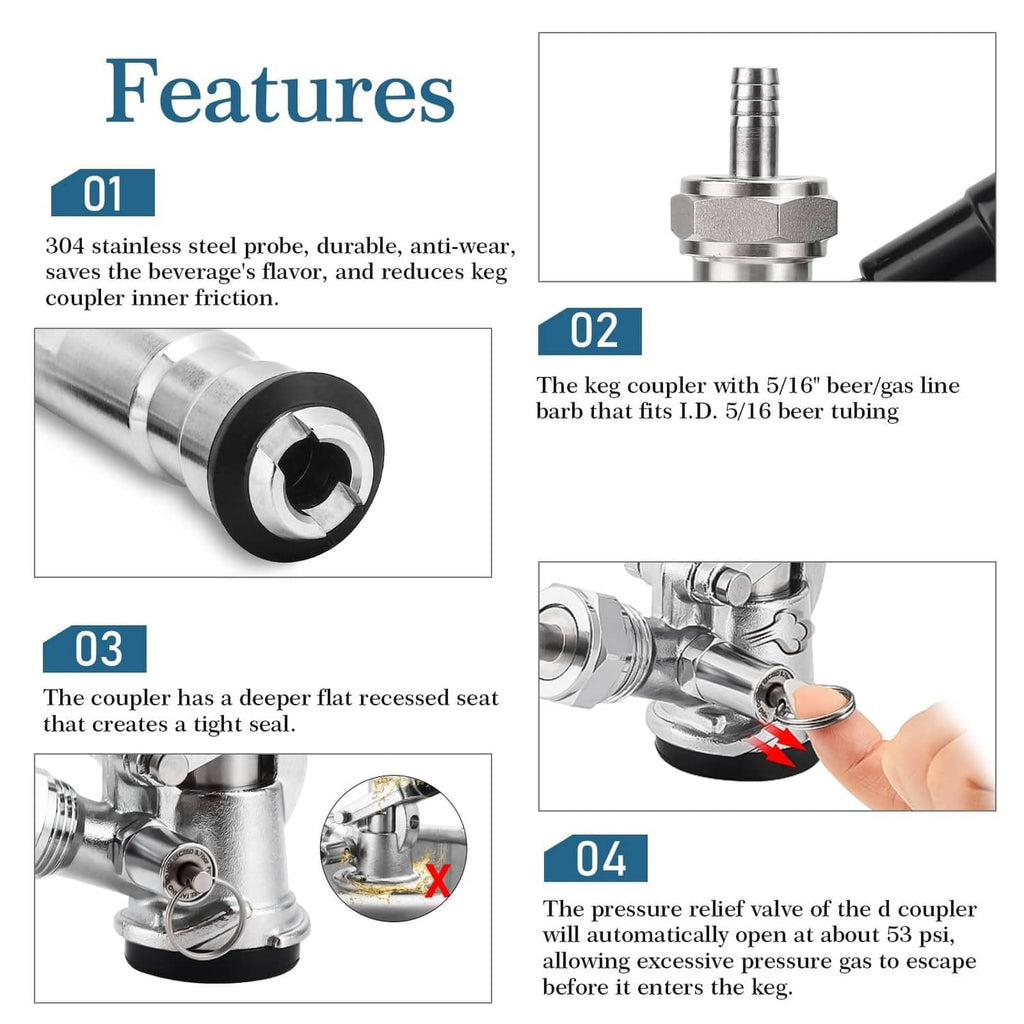 Stainless keg coupler D system with recessed seat and threaded probe end detail